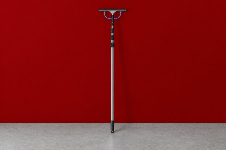 A telescopic pole with a squeegee head, standing upright in front of a red wall.
