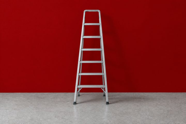 An aluminium stepladder in front of a red wall.