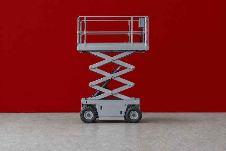 A grey scissor lift with its platform partly raised in front of a red wall.
