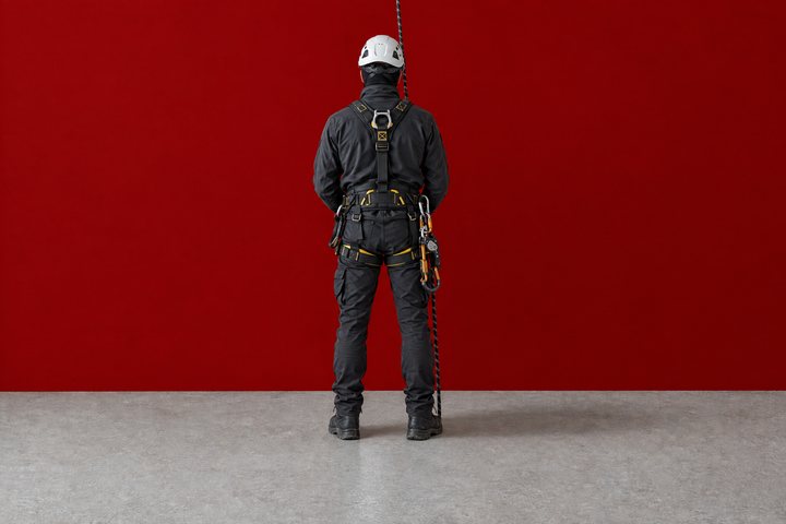 A rope access technician in dark workwear with helmet, harness and rope, seen from behind, in front of a red wall.